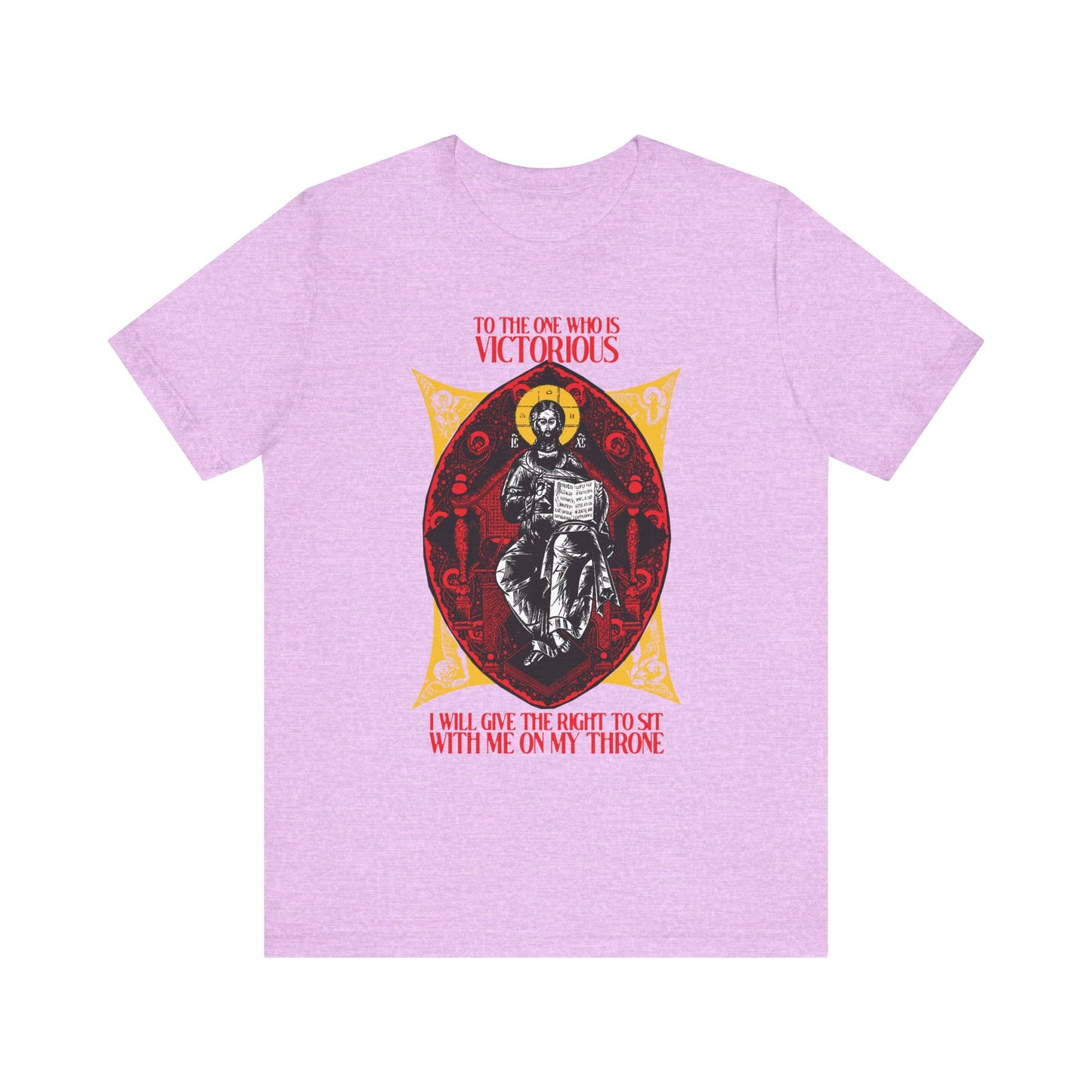 Heather Prism Lilac tee, "Christ is King, Enthroned In Glory IconoGraphic," features Rev 3:21’s promise: "To the One Who Is Victorious... sit with Me on My Throne." Orthodox Christian unisex lightweight cotton.