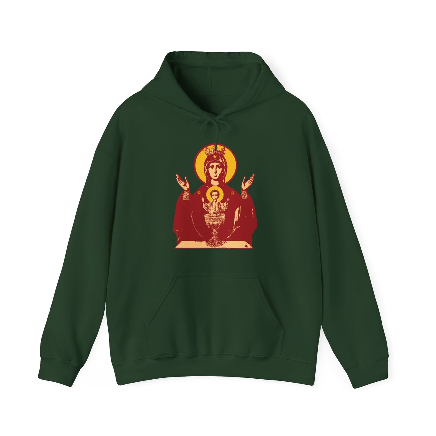 Forest Green hoodie with stylized Holy Theotokos IconoGraphic of the Inexhaustible Chalice—Deliverer from Addictions—as striking red and yellow art on the front. Orthodox Christian design: Conquer Passions.