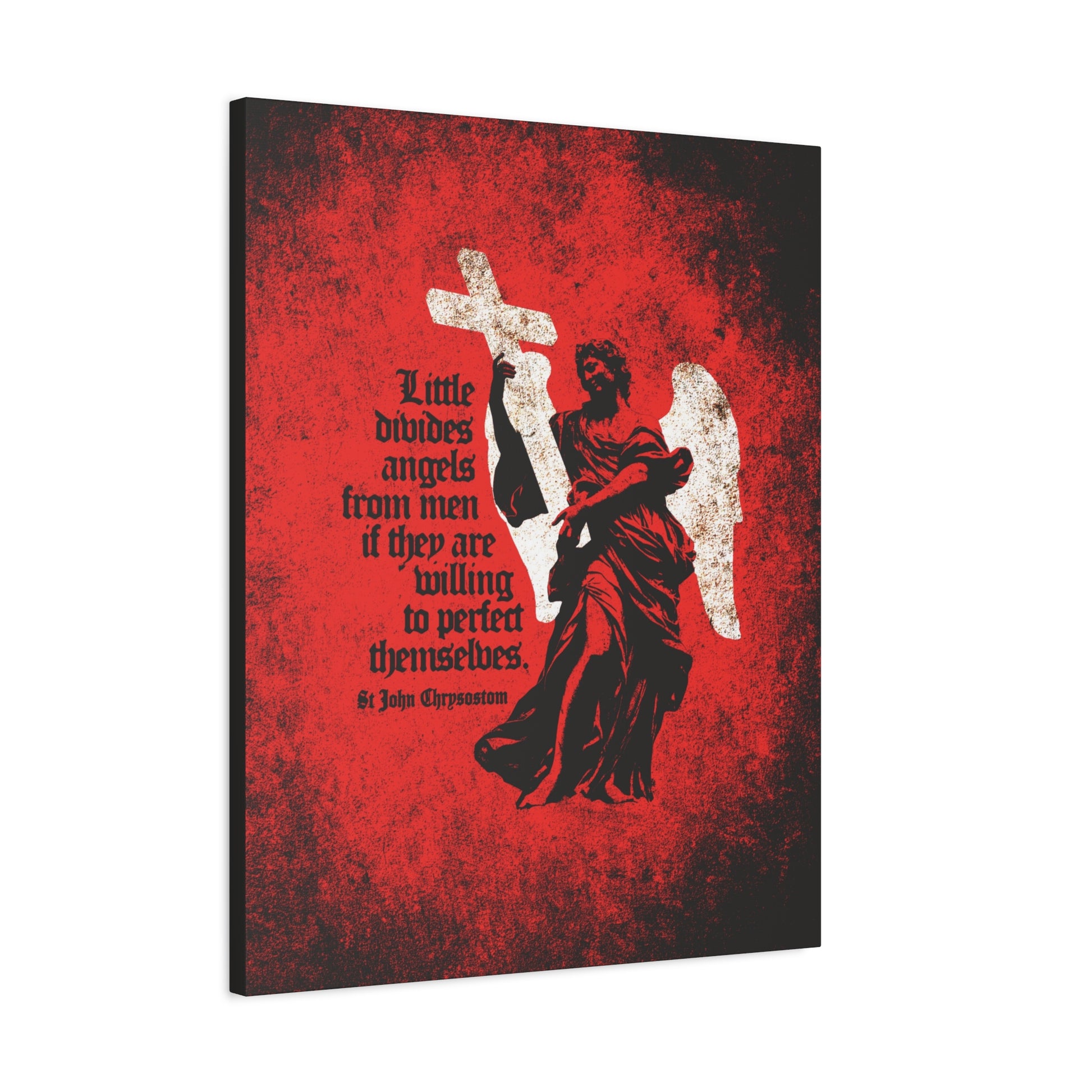 The "Little Divides Angels from Men" Orthodox Christian Canvas Art features a textured black angel holding a cross, set against a red background with the quote "Be ye holy" by St. John Chrysostom, symbolizing strong Christian faith.