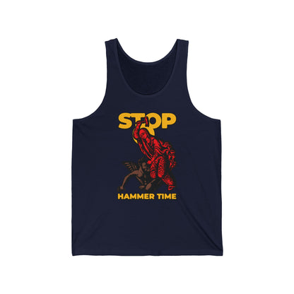 Navy tank top featuring "St Marina of Antioch Beating the Devil with a Hammer" and "Stop, Hammer Time" in bold text, with a red figure above a fallen creature. Modern Orthodox meme in red, blue, and yellow.