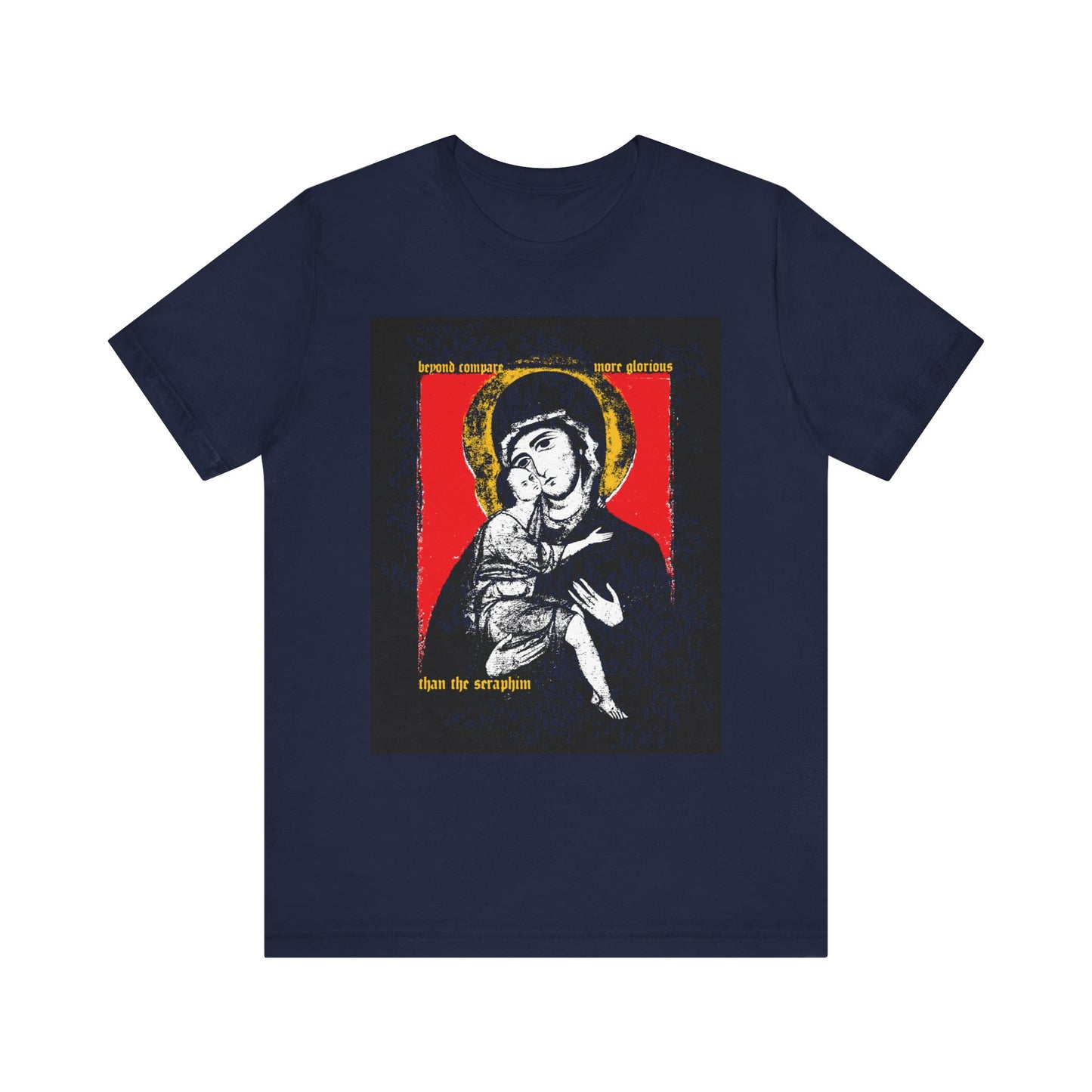 Navy "Beyond Compare More Glorious Than the Seraphim" t-shirt with a Vladimir Theotokos icon, floral texture, and lightweight cotton—features the Most Holy Theotokos holding baby Jesus with gold halo and red background.