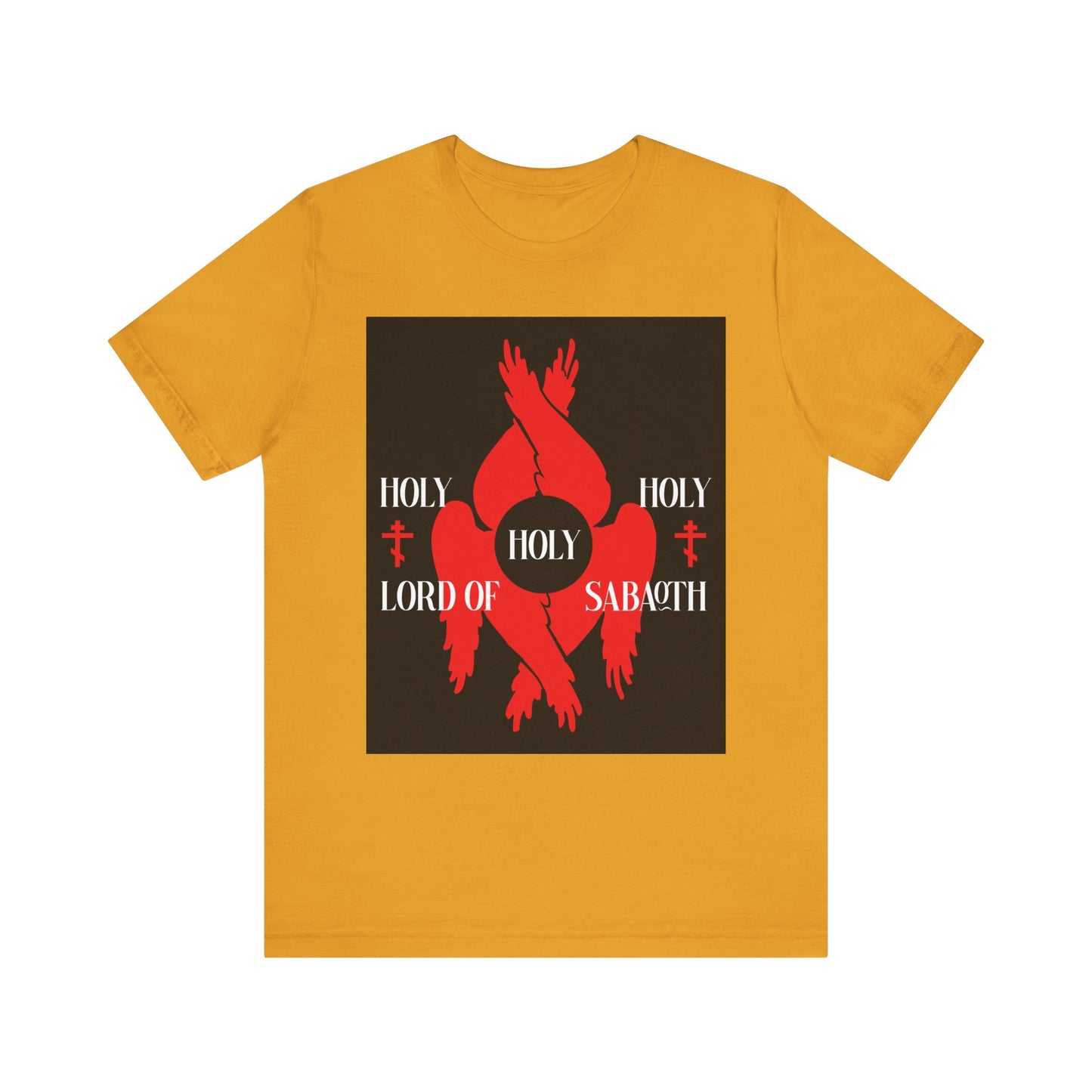 Mustard t-shirt with red seraphim wings, white "HOLY HOLY HOLY LORD OF SABAOTH," and Orthodox crosses—Isaiah 6:3 tribute. Lightweight cotton unisex style inspired by the Divine Council’s eternal praise.