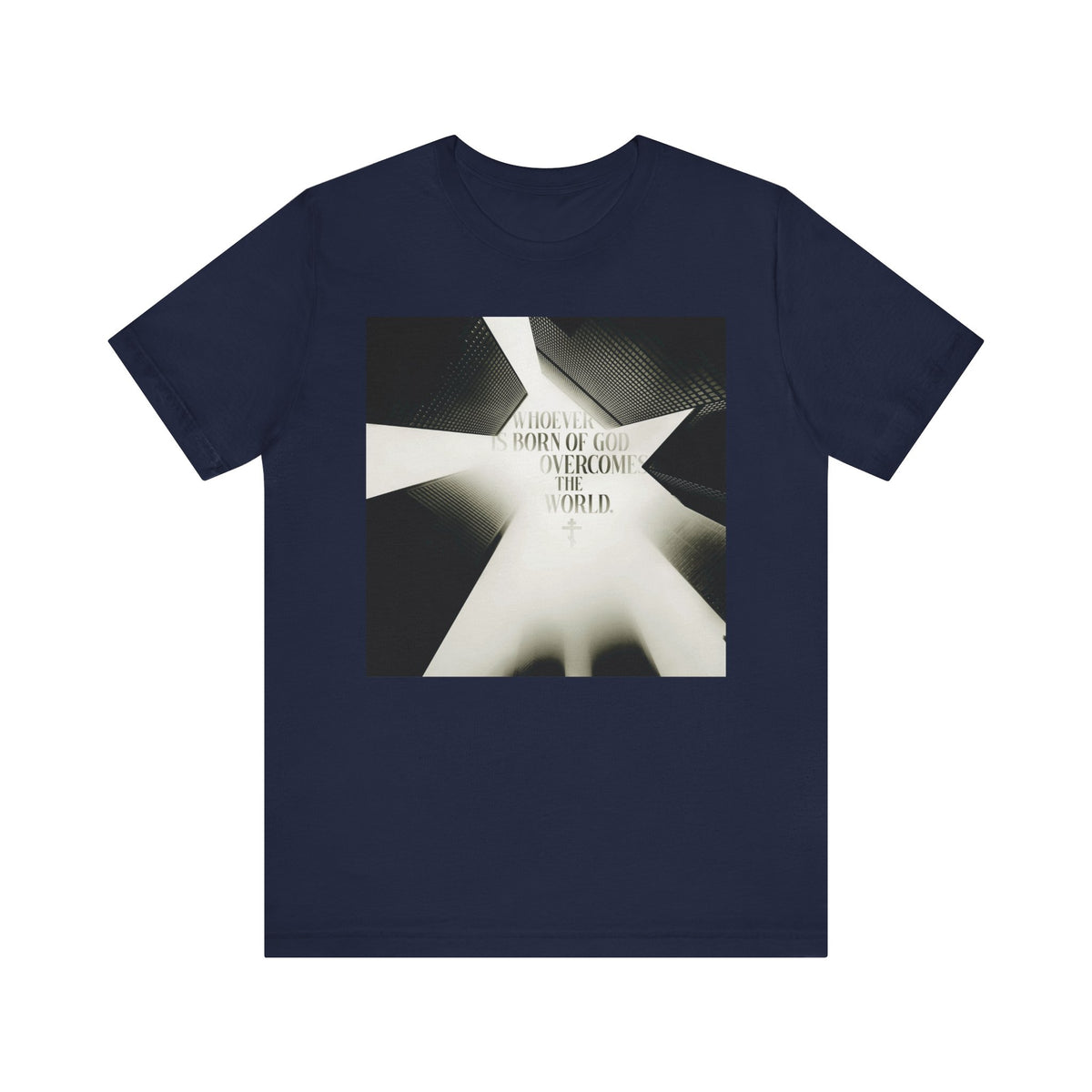 Navy "Whoever is Born of God Overcomes the World (St John the Theologian)" Orthodox Christian lightweight cotton unisex t-shirt featuring a modern cityscape and abstract white graphic, inspired by 1 John 5:1-4 and the truth that Jesus is the Christ.