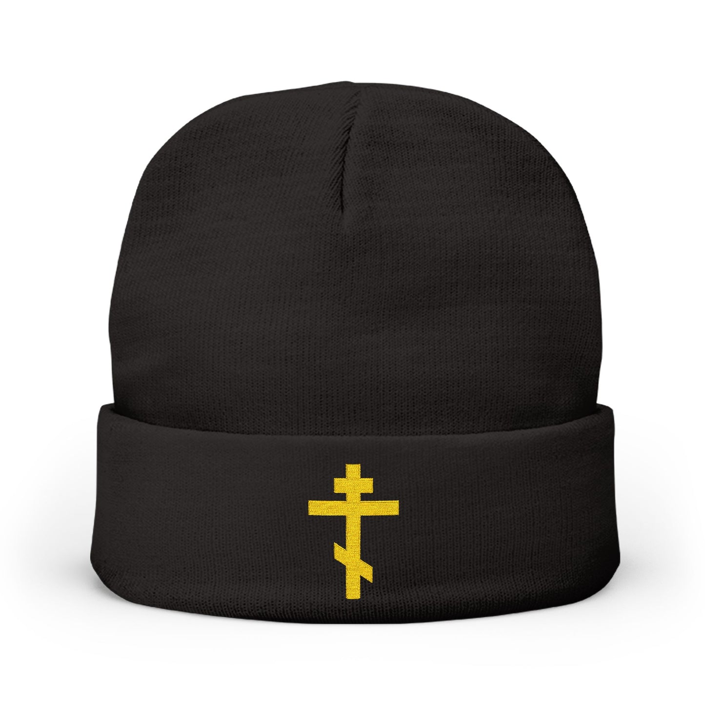 Black knit beanie featuring a yellow Orthodox TriBar cross and the phrase "Nail My Passions to the Wood of Thy Precious Cross O Lord"—a subtle, faithful statement for Orthodox Christians.