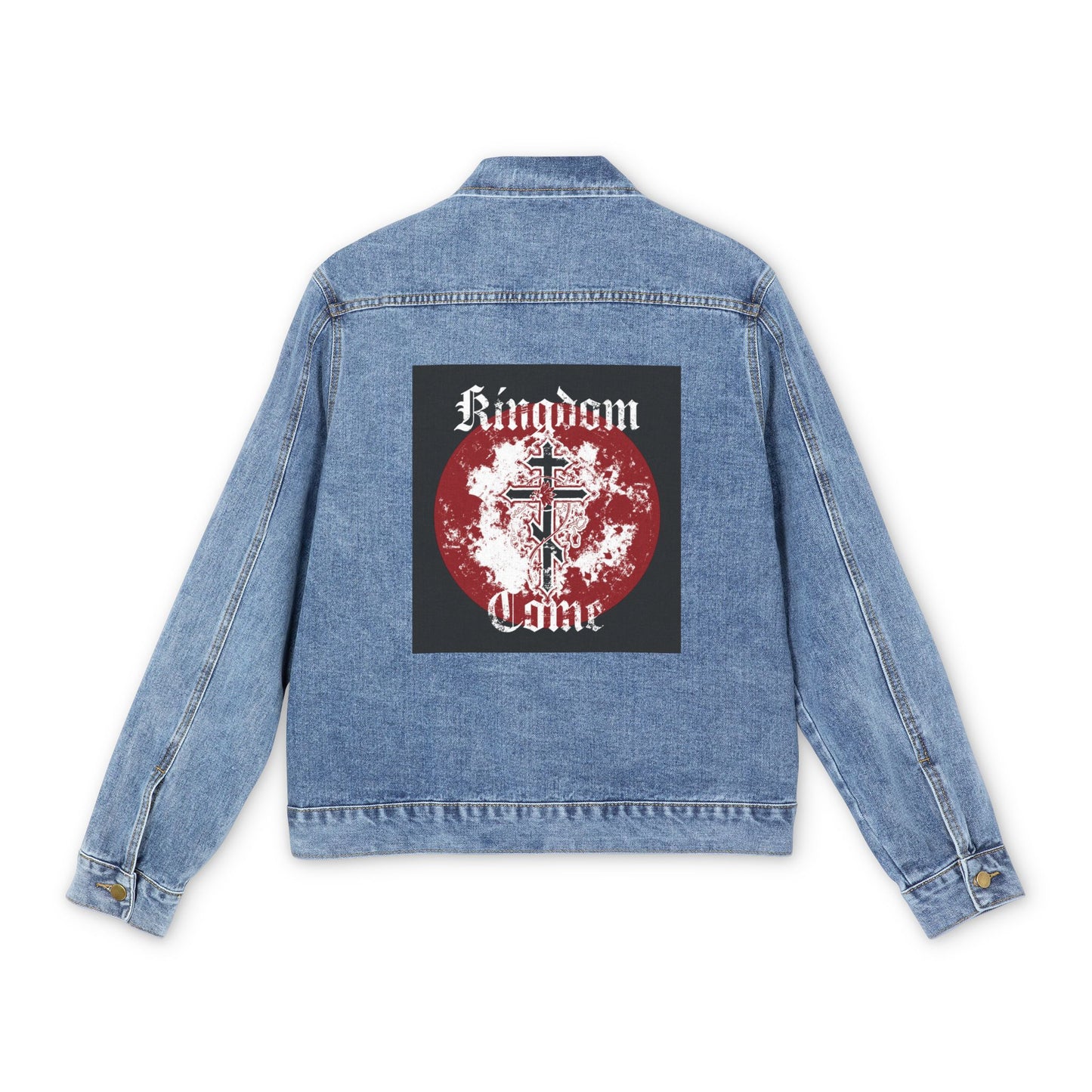 Kingdom Come | Lord's Prayer | Orthodox Cross with Vine | Textured Gothic Font | Orthodox Christian Jean Jacket