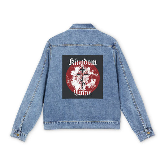 Kingdom Come | Lord's Prayer | Orthodox Cross with Vine | Textured Gothic Font | Orthodox Christian Jean Jacket