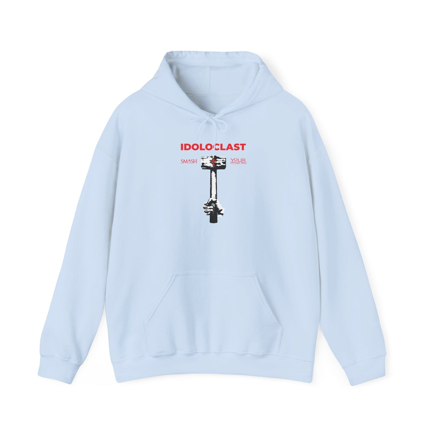 Light blue "Idoloclast Idol-Smasher" hoodie featuring "IDOLOCLAST" text and a graphic of Jesus’s fist wielding a sledgehammer, smashing a statue beneath the word; inspired by the Christian ascetic teachings of St. Macarius of Optina on overcoming the eight passions, with ICXC NIKA detailing.