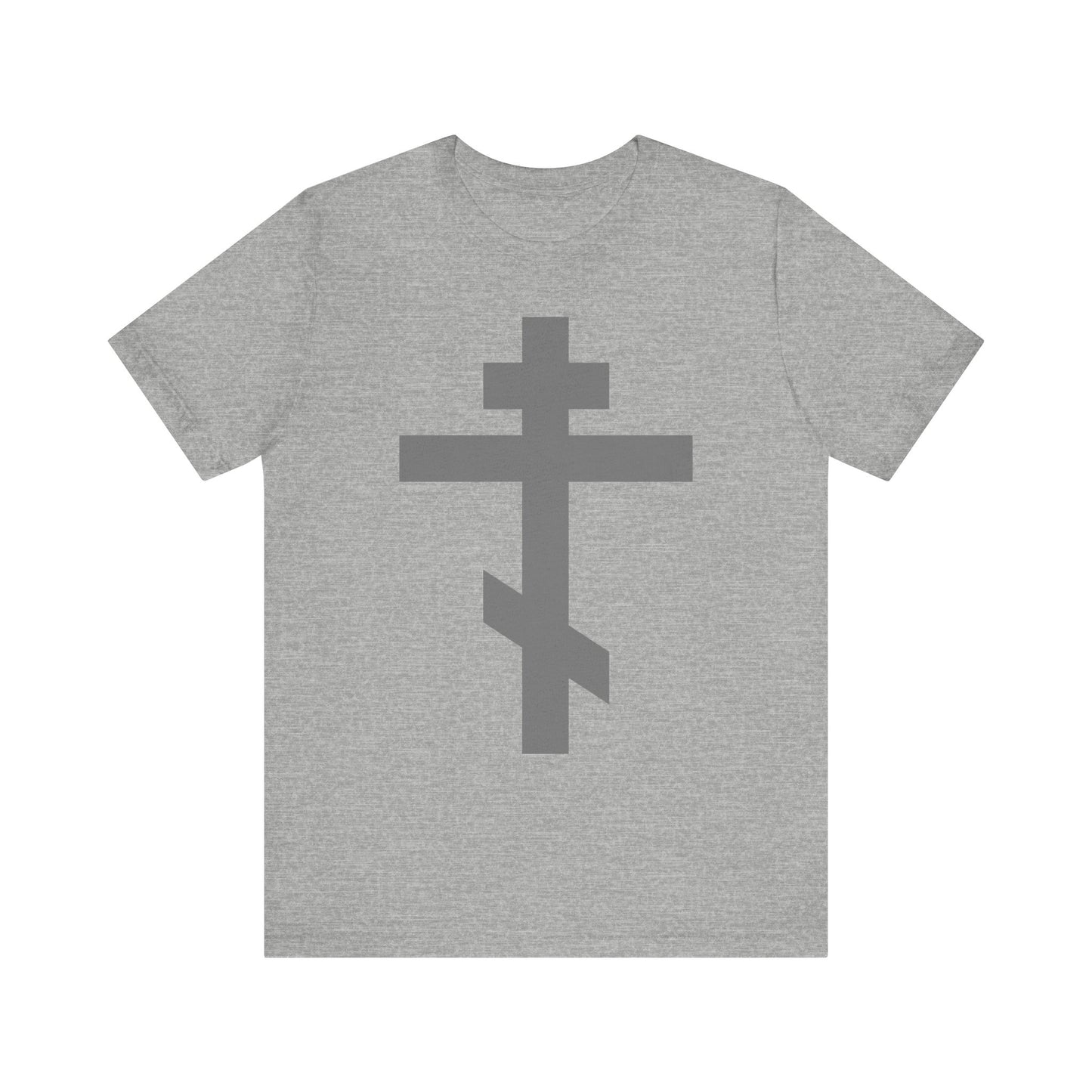 Athletic Heather lightweight cotton unisex tee featuring a large dark gray Orthodox tribar cross design on the front, inspired by St. John of Kronstadt’s faith and compassion, and inscribed with “Preserve Thy People By Thy Cross, O Lord” and “Christ is King.”.