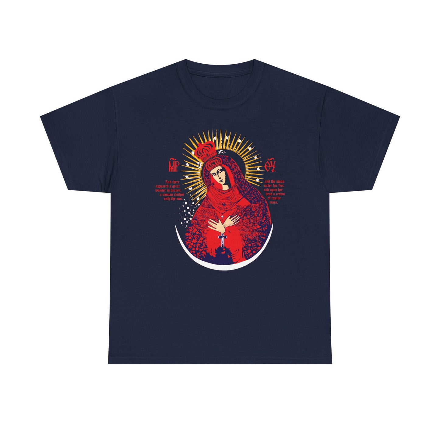 Navy "Our Lady the Gate of Dawn Icono-Graphic" heavy cotton t-shirt features Theotokos crowned in red, blue, and gold inspired by the Vilnius icon—a striking Christian design with Greek letters.