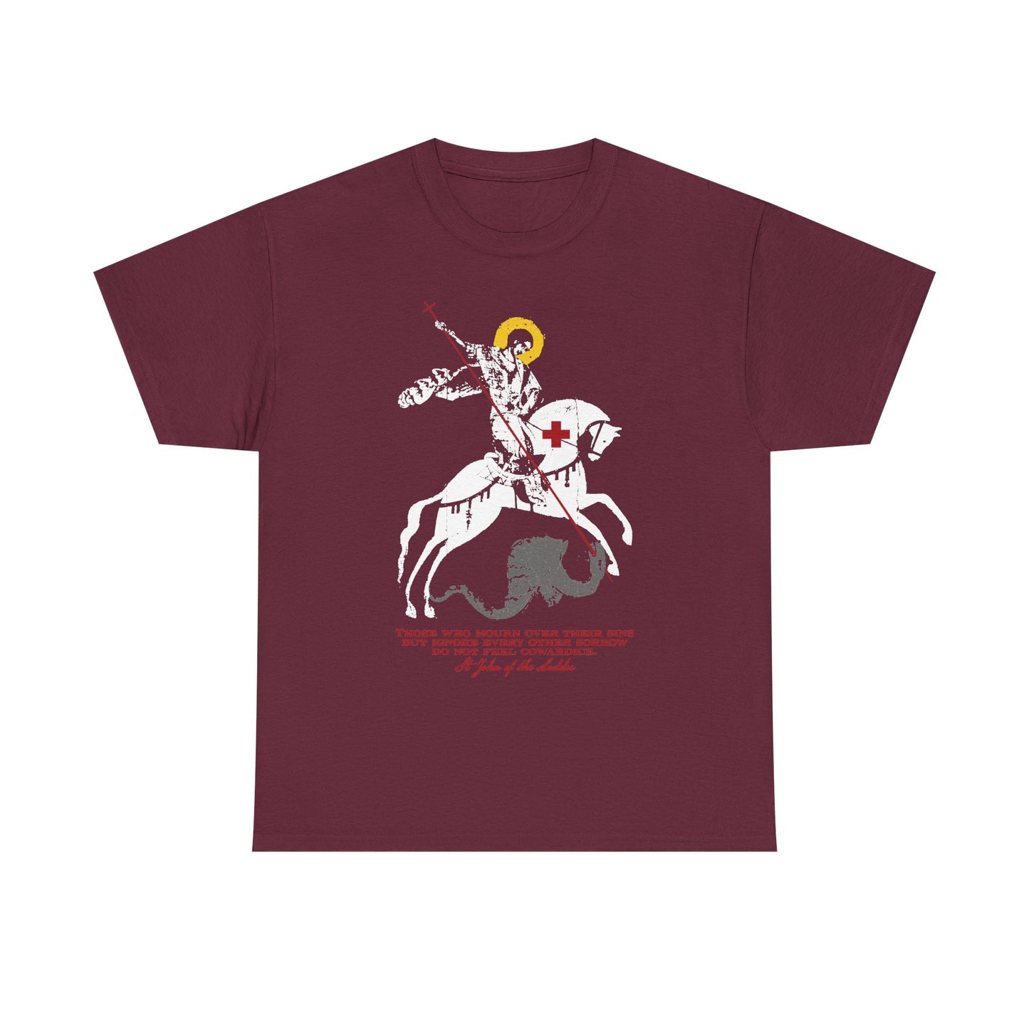 Maroon “Those Who Mourn Over Their Sins” unisex midweight cotton tee, featuring a graphic of St. George slaying the dragon and inspired by the spirit of St John Climacus, with text beneath the image reflecting the heart of a proud soul.