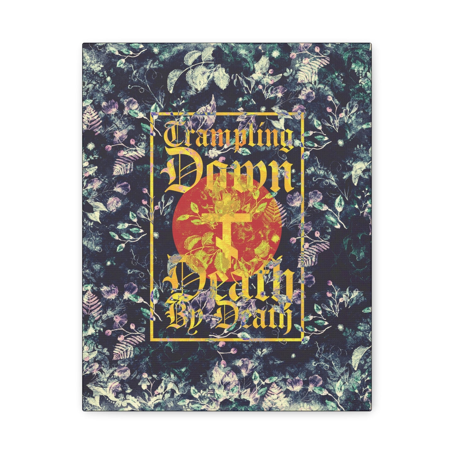 Trampling Down Death By Death | Paschal Floral Design with Gothic Script and Three-Bar Cross | Orthodox Christian Canvas Art