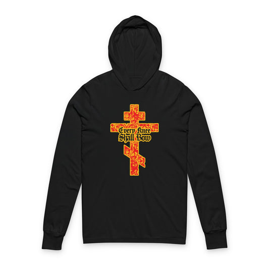 Black hoodie featuring a gold and red floral Orthodox cross with gothic "Every Knee Shall Bow" text, inspired by Isaiah 45:22-24 and Phil 2:7-11. Christian hooded shirt.
