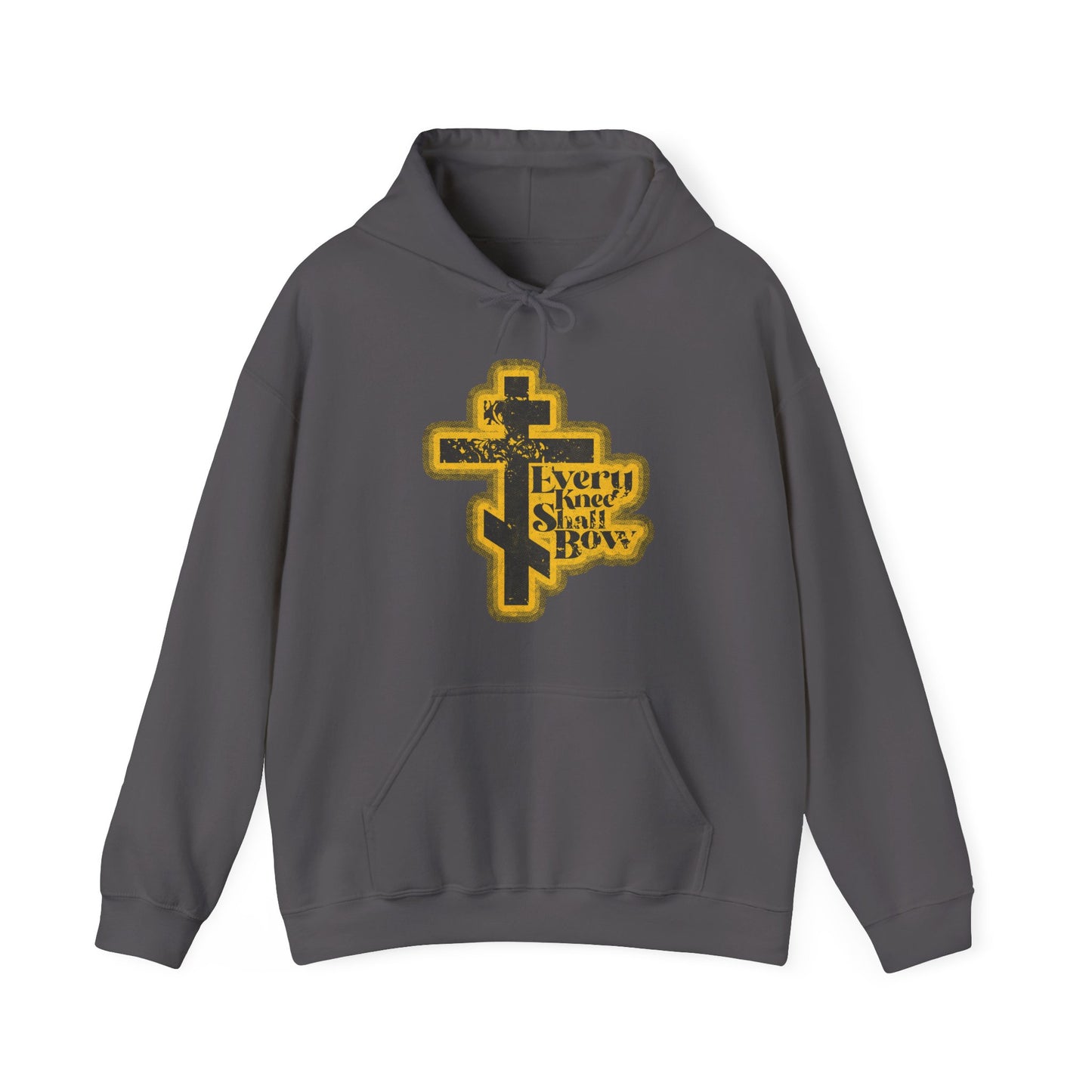 Charcoal "Every Knee Shall Bow" hoodie with 70s distressed halftone comic book style—features Philippians 2:10-11, Isaiah 45:23, and bold Orthodox Christian design.