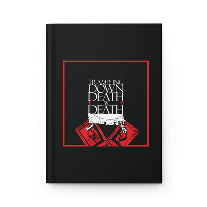 Black notebook: "Trampling Down Death By Death | Iconographic Jesus Feet On Gates of Hades | Pascha"—features white text, red border, and red illustrated hands. Inspired by Orthodox Christian Resurrection and victory over death.