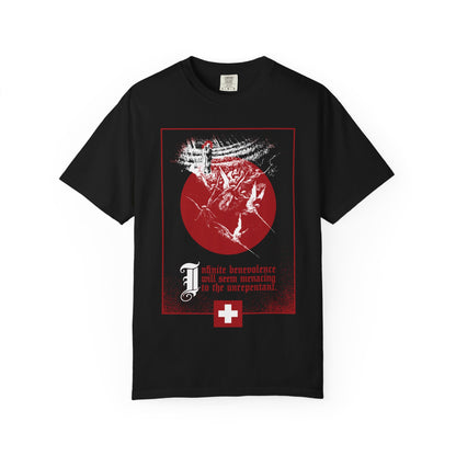 Black Infinite Benevolence Will Seem Menacing to the Unrepentant t-shirt with a Last Judgment graphic and Swiss cross.