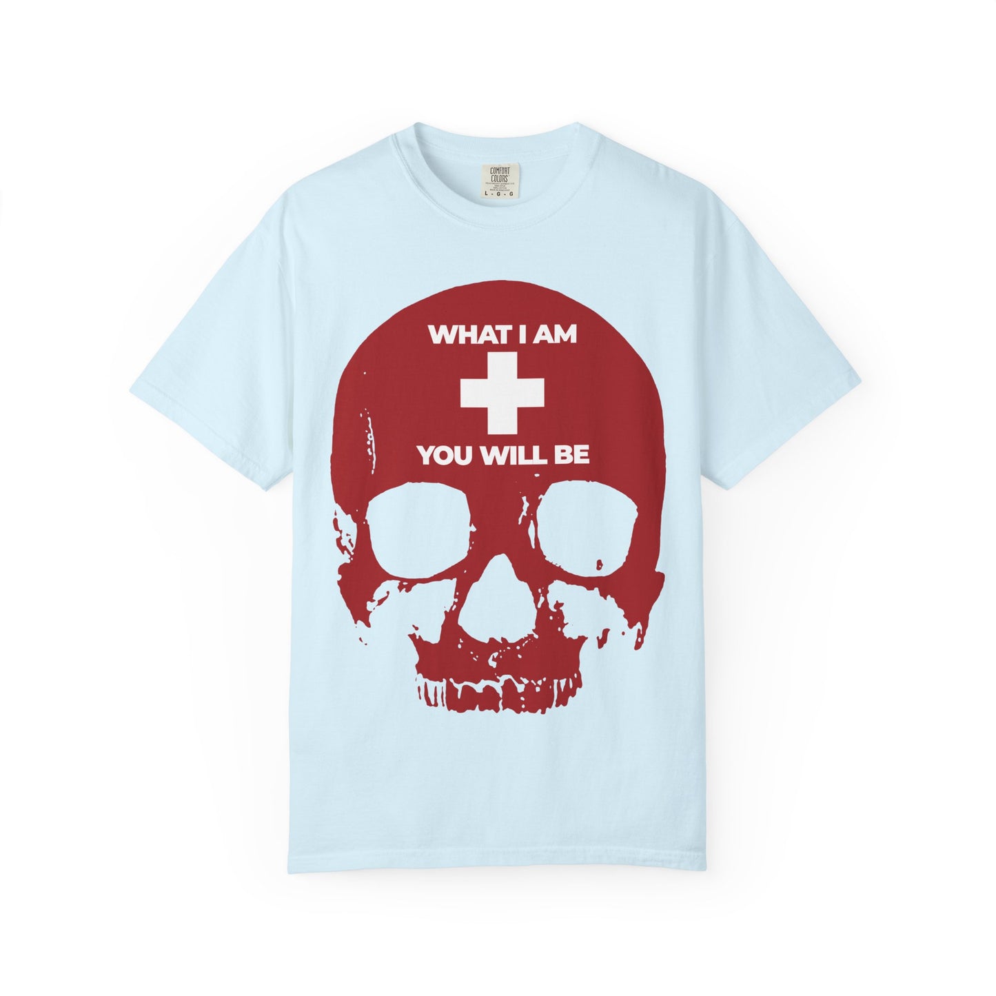 Chambray unisex heavyweight cotton tee featuring a white cross on a red skull, inspired by the wisdom of Ecclesiastes. The design reads "WHAT I AM YOU WILL BE" and serves as a Memento Mori reminder in the Orthodox Christian tradition.