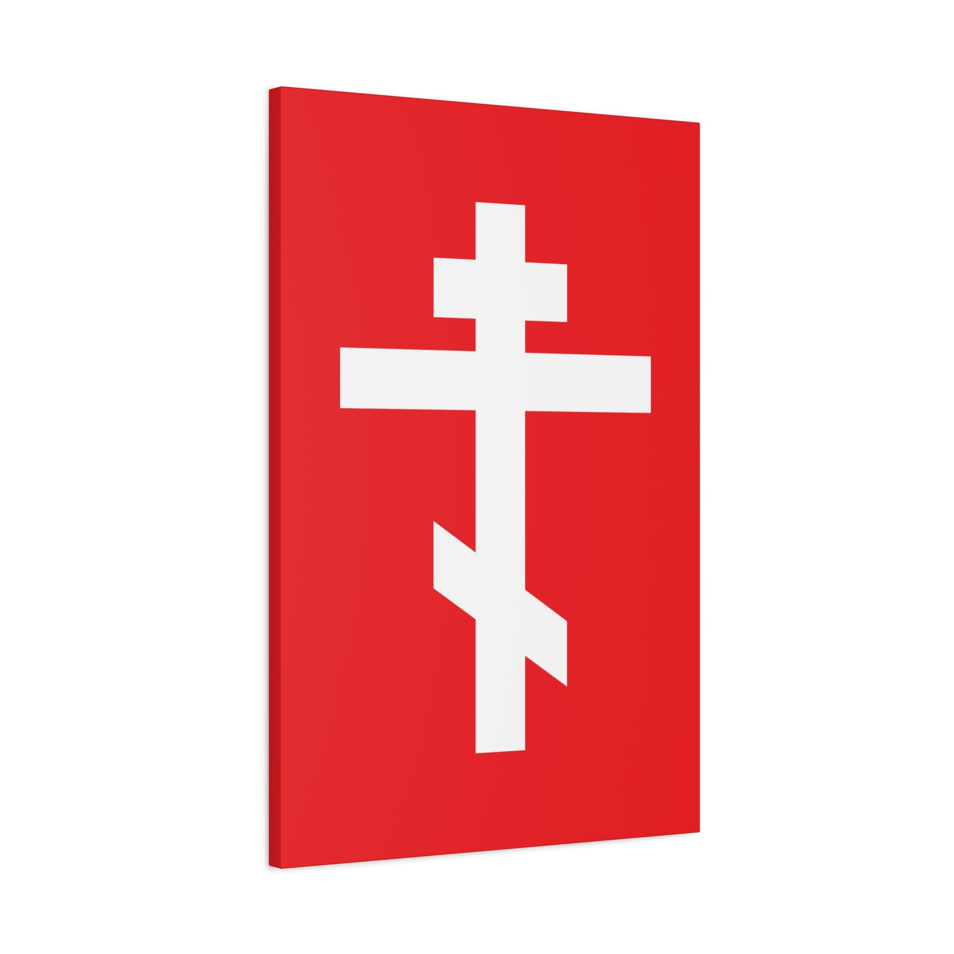 The "White Orthodox Cross Red Background" canvas features three white bars symbolizing salvation, with the quote: "May I never boast, except in the cross of our Lord Jesus Christ" (Gal 6:14). Orthodox Canvas Art.