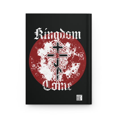 A black hardcover journal titled "Kingdom Come" features the Lord's Prayer, an Orthodox cross with vine, and a textured gothic font, inspired by Orthodox Christian tradition and St. Ignatius Brianchaninov’s teachings.