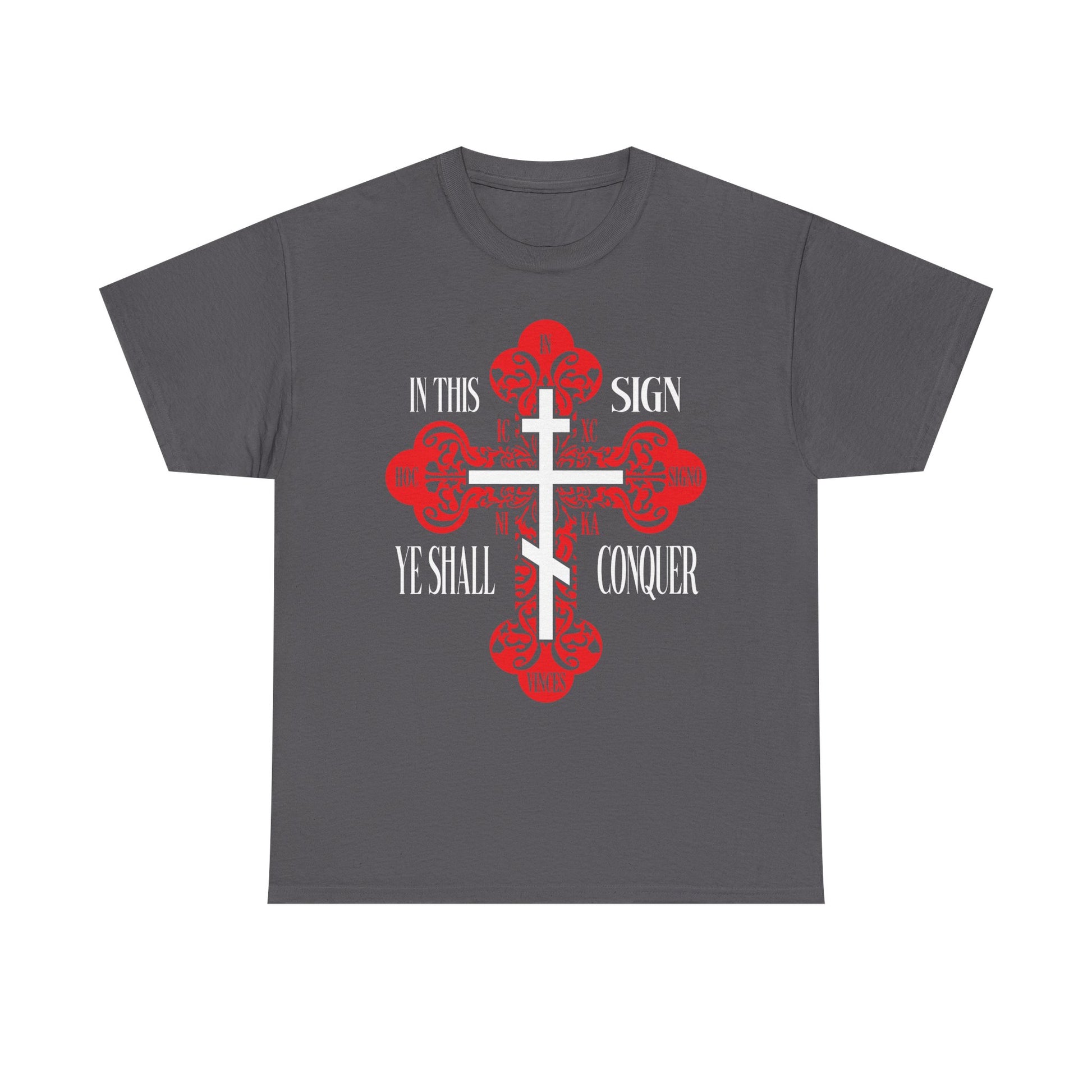 Charcoal t-shirt features a red ornate Orthodox Cross with text “IN THIS SIGN YE SHALL CONQUER”—inspired by the Holy Cross and Orthodox tradition.