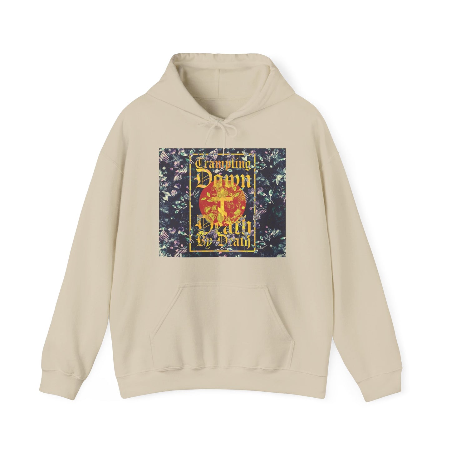 Trampling Down Death By Death | Paschal Floral Design with Gothic Script and Three-Bar Cross | Orthodox Christian Hoodie