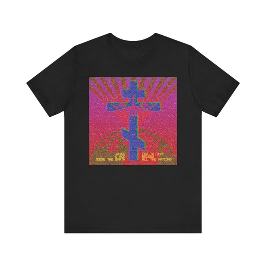 Black "Arise, O God, Judge the Earth (Psalm 81)" T-shirt features a retro pixel cross over a globe with radiating lines and yellow text. Lightweight cotton, unisex fit. Orthodox Christian design inspired by Psalm 81.