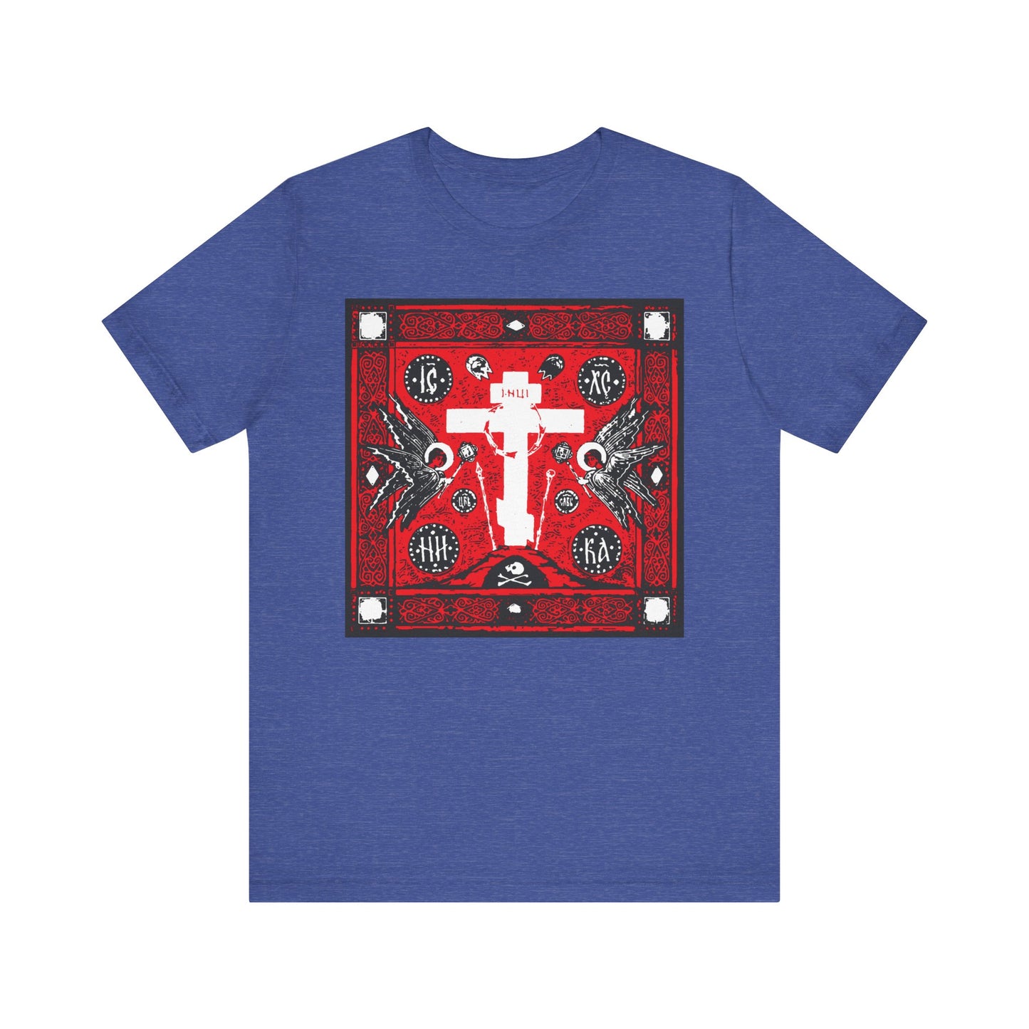 Heather True Royal t-shirt with a striking red, white, and black Russian Holy Cross icon graphic featuring angels and intricate details. Lightweight cotton unisex style.