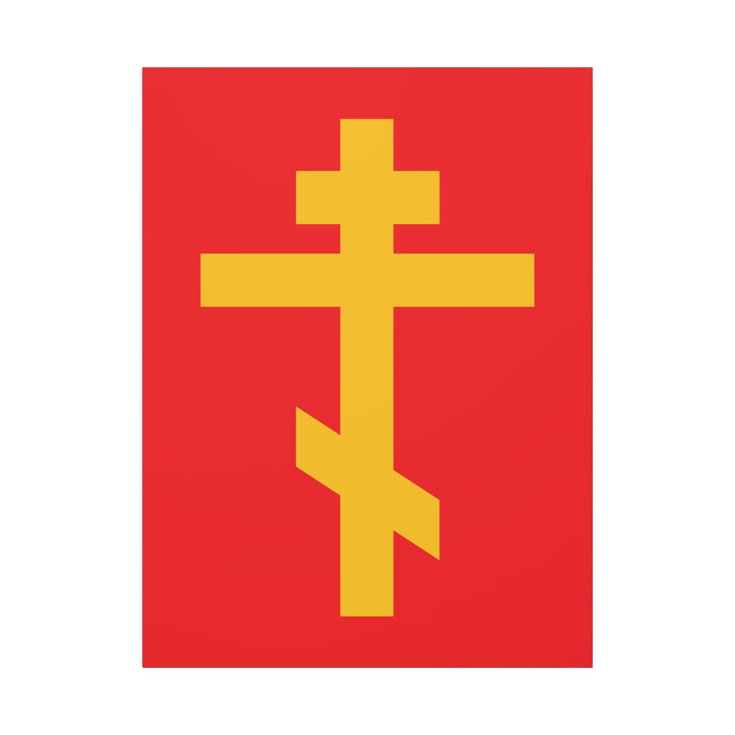 The "Yellow Orthodox Cross Red Background" canvas art features a yellow Orthodox cross on red, symbolizing Christ's crucifixion (Galatians 2:20), and is called the Precious and Life-Giving Weapon of Unseen Warfare, Scourge of Demons.