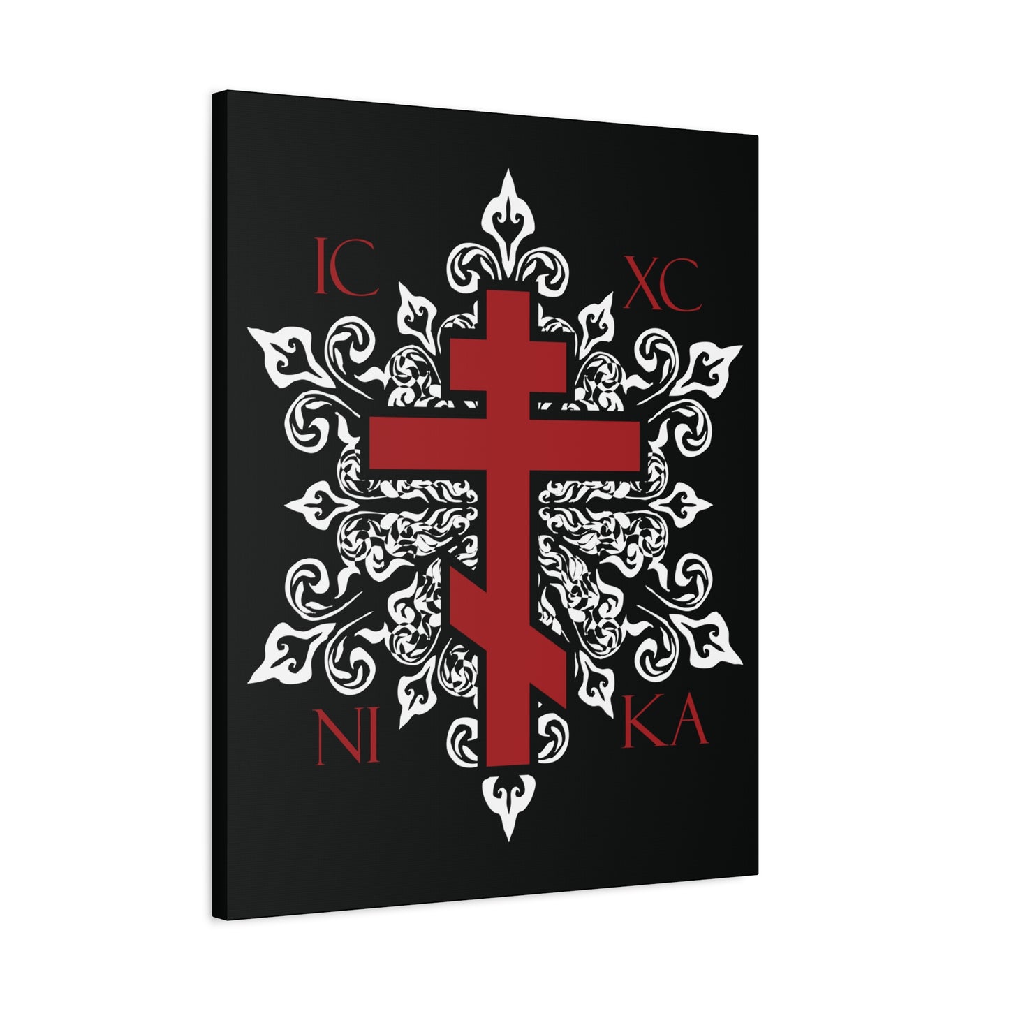 ICXC / NIKA Red Orthodox Cross on Ornate White Medieval Floral Design | Exclusive Best-Selling | Orthodox Christian Canvas Art