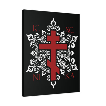 ICXC / NIKA Red Orthodox Cross on Ornate White Medieval Floral Design | Exclusive Best-Selling | Orthodox Christian Canvas Art