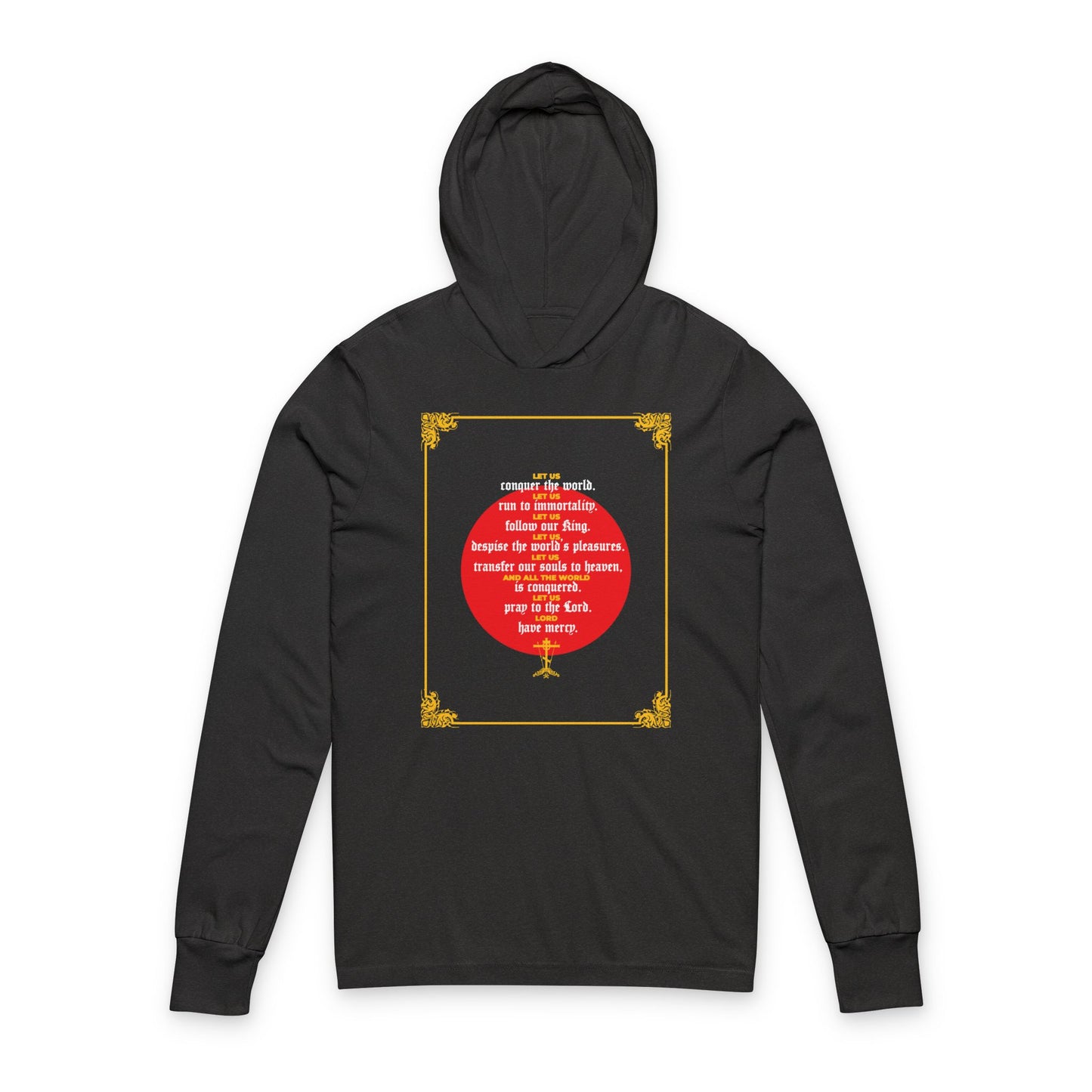 Charcoal Black TriBlend hoodie featuring white center text framed in red and gold, inspired by John Chrysostom’s message: "Let Us Conquer the World, Let Us Run To Immortality." Perfect for ascetic Orthodox Christians.