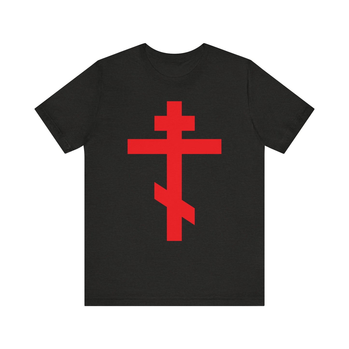 Black Heather unisex t-shirt featuring a bright red Orthodox Cross and "Preserve Thy People By Thy Cross, O Lord." Lightweight cotton; inspired by the Troparion of the Cross.