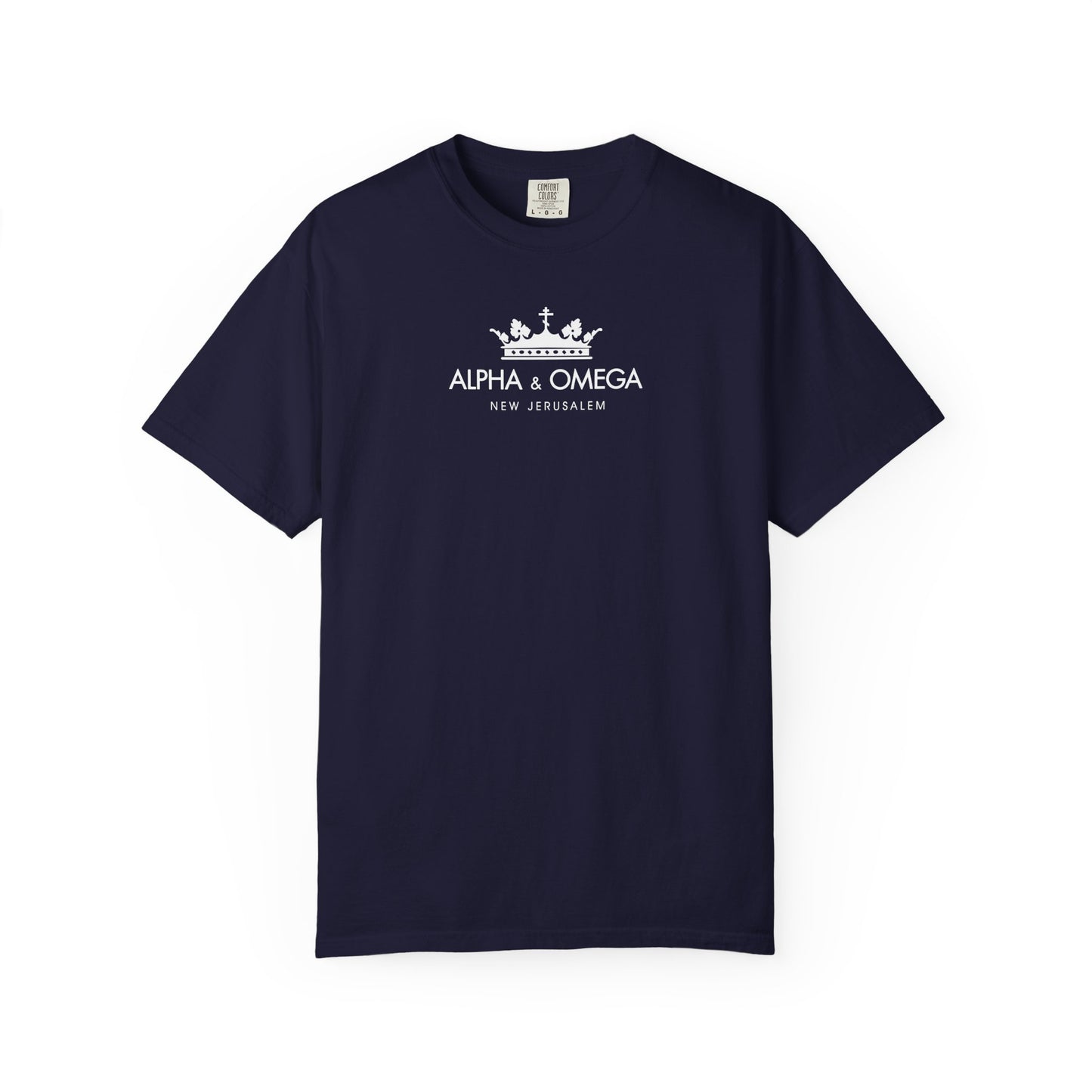 True Navy heavyweight cotton unisex t-shirt featuring a white crown with an Orthodox Cross graphic and the text “Alpha & Omega New Jerusalem” on the chest, inspired by Revelation and the mystical meaning of Christ the Eternal Tao.