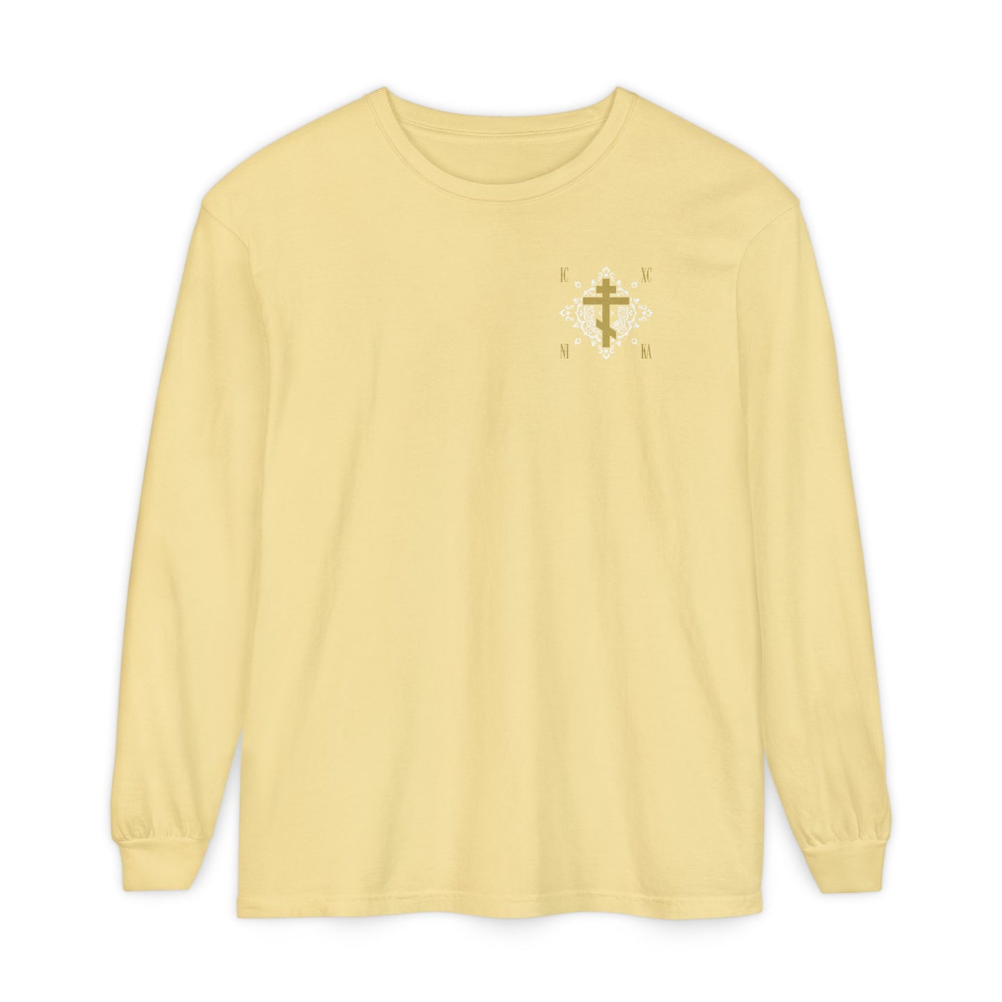 Gold Orthodox Cross ICXC NIKA  (Small Design) | White Medieval Ornate Floral Pattern | Jesus Christ Conquers | Christian Long Sleeve
