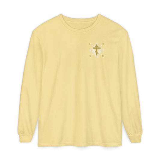 Gold Orthodox Cross ICXC NIKA  (Small Design) | White Medieval Ornate Floral Pattern | Jesus Christ Conquers | Christian Long Sleeve