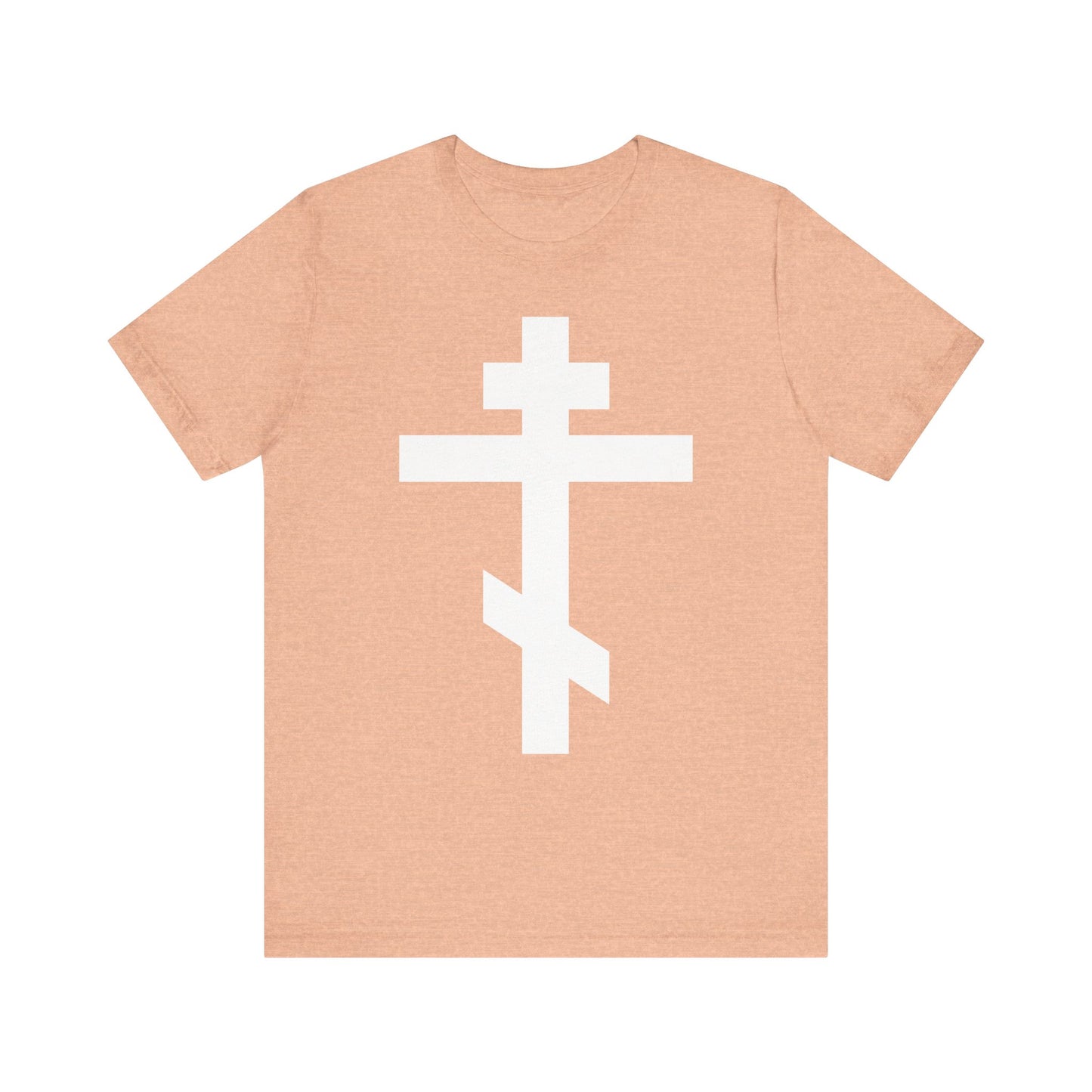 Heather peach lightweight cotton unisex tee featuring a large white Orthodox cross centered on the front, inspired by the message "By the power of Thy Cross do Thou preserve Thy people" and St. John of Kronstadt’s promise of salvation.