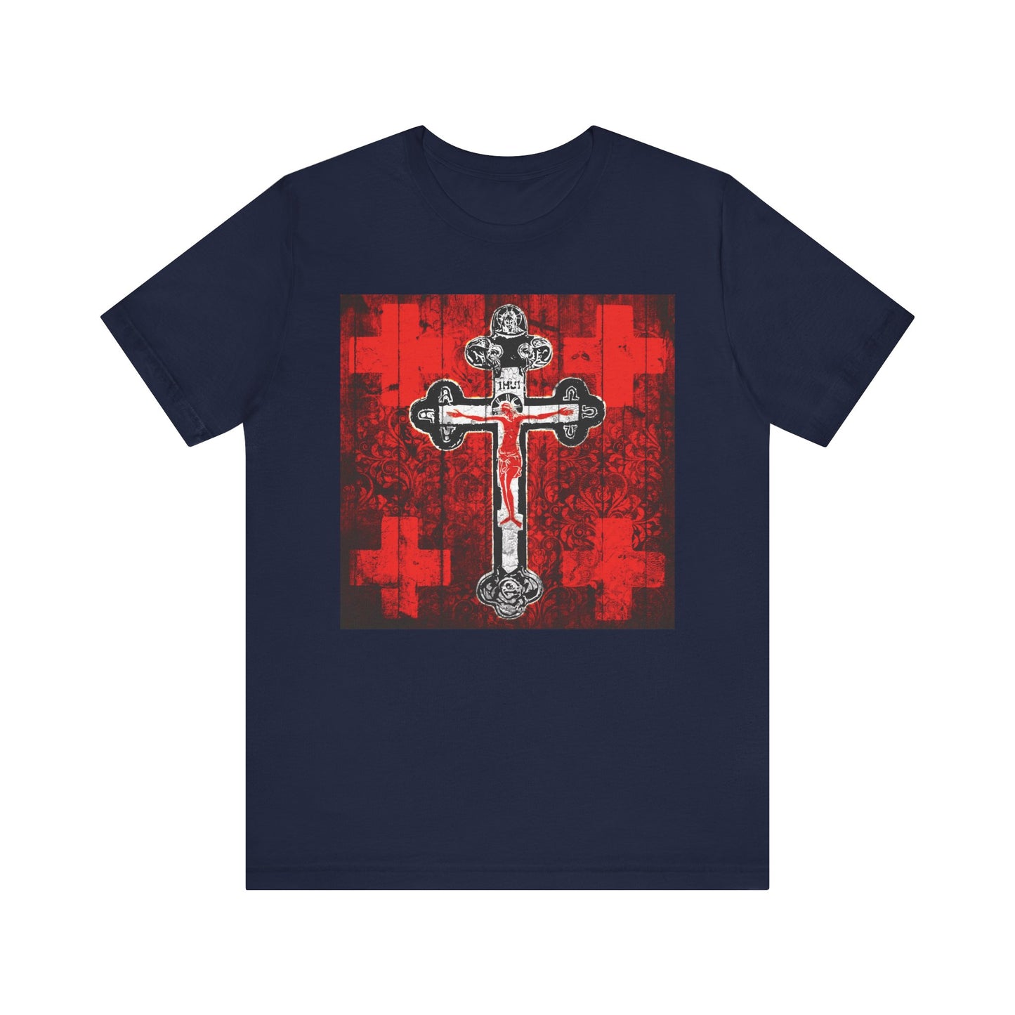 Navy Alpha & Omega Art Cross unisex tee featuring a red, white, and black graphic of the Crucifix—Jesus Christ Orthodox iconography—on lightweight cotton.