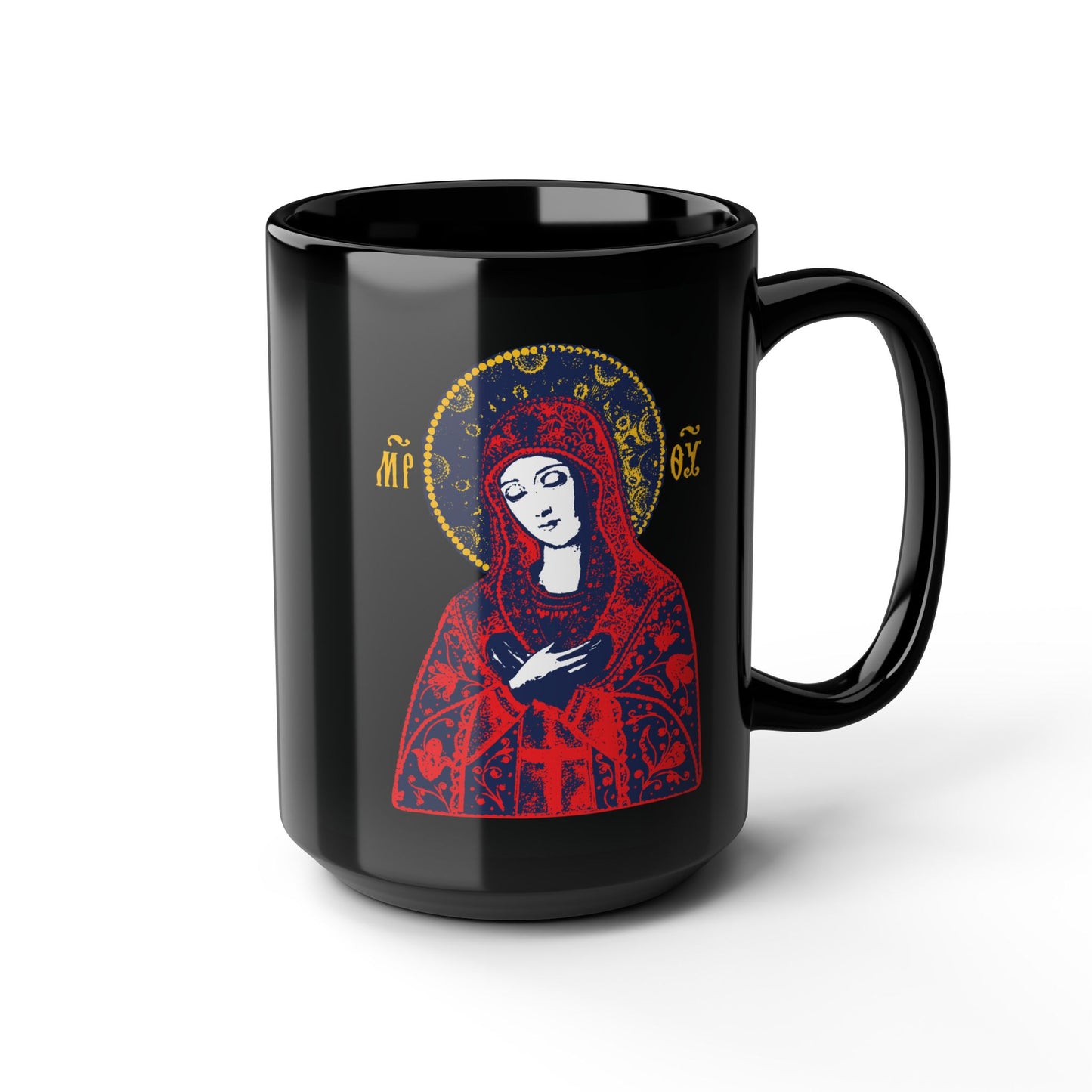 Joy of All Joys Tenderness Theotokos Iconographic Based on Traditional Orthodox Iconography | Red Design | Orthodox Christian Black Mug