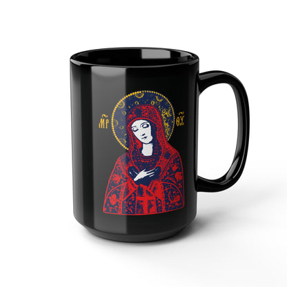 Joy of All Joys Tenderness Theotokos Iconographic Based on Traditional Orthodox Iconography | Red Design | Orthodox Christian Black Mug