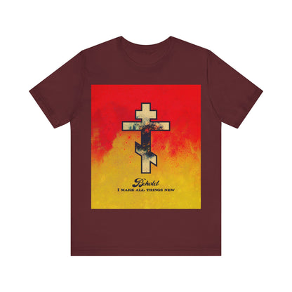 Behold, I Make All Things New (Revelation 21:5) | Cosmic Orthodox Cross on Red and Yellow Background | Orthodox Christian Cotton T-Shirt
