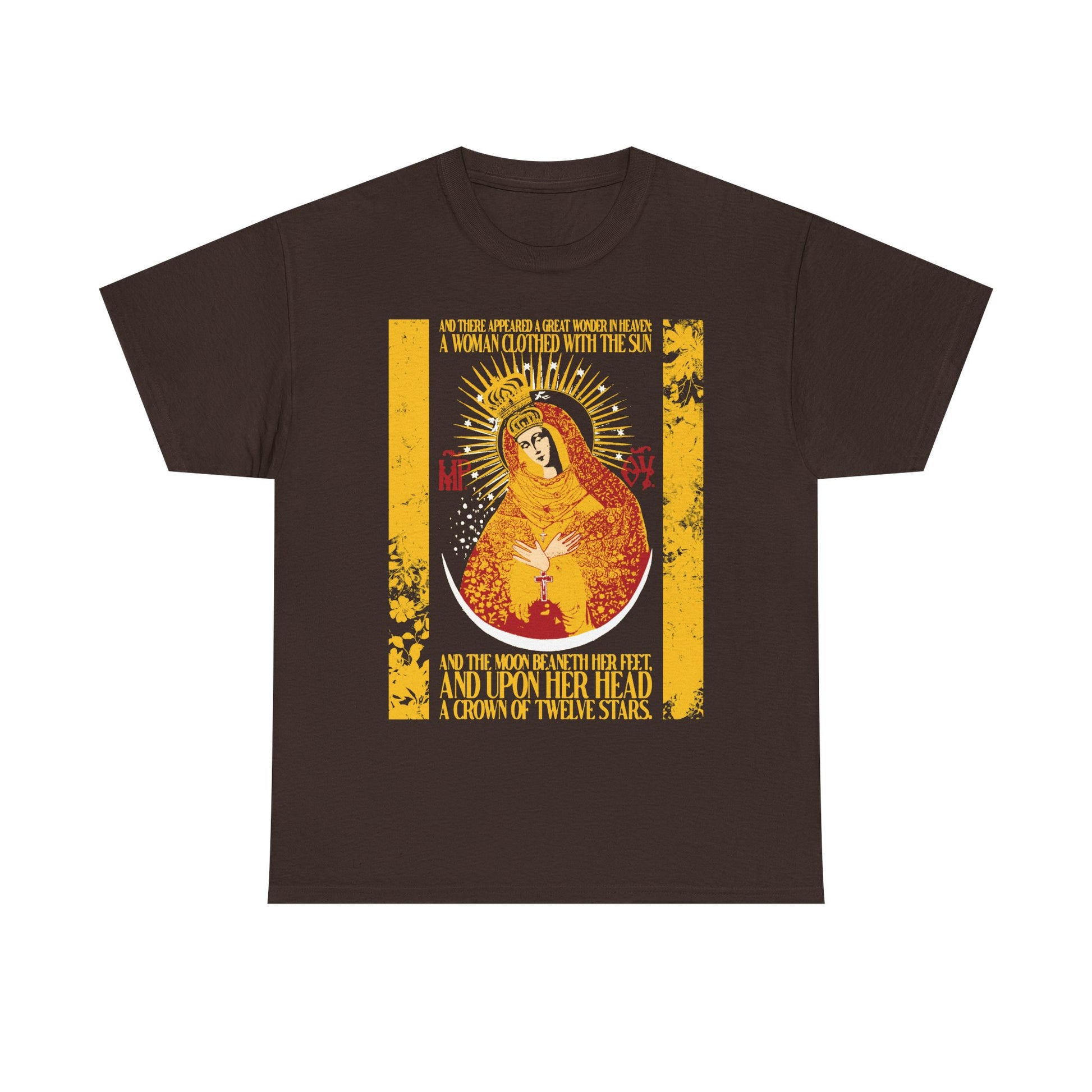 Dark chocolate midweight cotton unisex T-shirt featuring the "Our Lady the Gate of Dawn | Woman of the Apocalypse Rev 12:1" design, with a gold floral textured graphic of the Most Holy Theotokos crowned and radiant in uncreated light, surrounded by a sunburst, and accented with biblical text from Revelation 12:1 above and below.