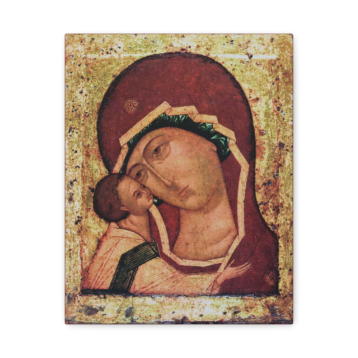 Igorevskaya Russian Icon of the Mother of God | Theotokos Tenderness (Eleusa) Orthodox Christian Icon depicts the Virgin Mary tenderly holding the Christ Child, set against a shimmering gold background with stylized, solemn faces, inspired by the revered icon from Kiev-Pechersk Lavra associated with Saint Igor Olgovich. This religious canvas wall art captures the spiritual essence and historic tradition of this celebrated Orthodox image.