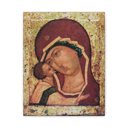 Igorevskaya Russian Icon of the Mother of God | Theotokos Tenderness (Eleusa) Orthodox Christian Icon depicts the Virgin Mary tenderly holding the Christ Child, set against a shimmering gold background with stylized, solemn faces, inspired by the revered icon from Kiev-Pechersk Lavra associated with Saint Igor Olgovich. This religious canvas wall art captures the spiritual essence and historic tradition of this celebrated Orthodox image.