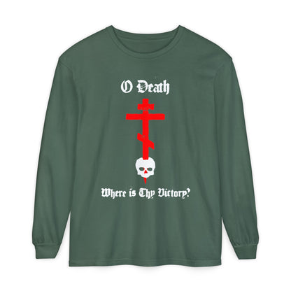 O Death Where is Thy Victory? 1 Cor 15:55 | Cross Stabbing Skull | Spraypaint Aesthetic | Orthodox Christian Long Sleeve Shirt