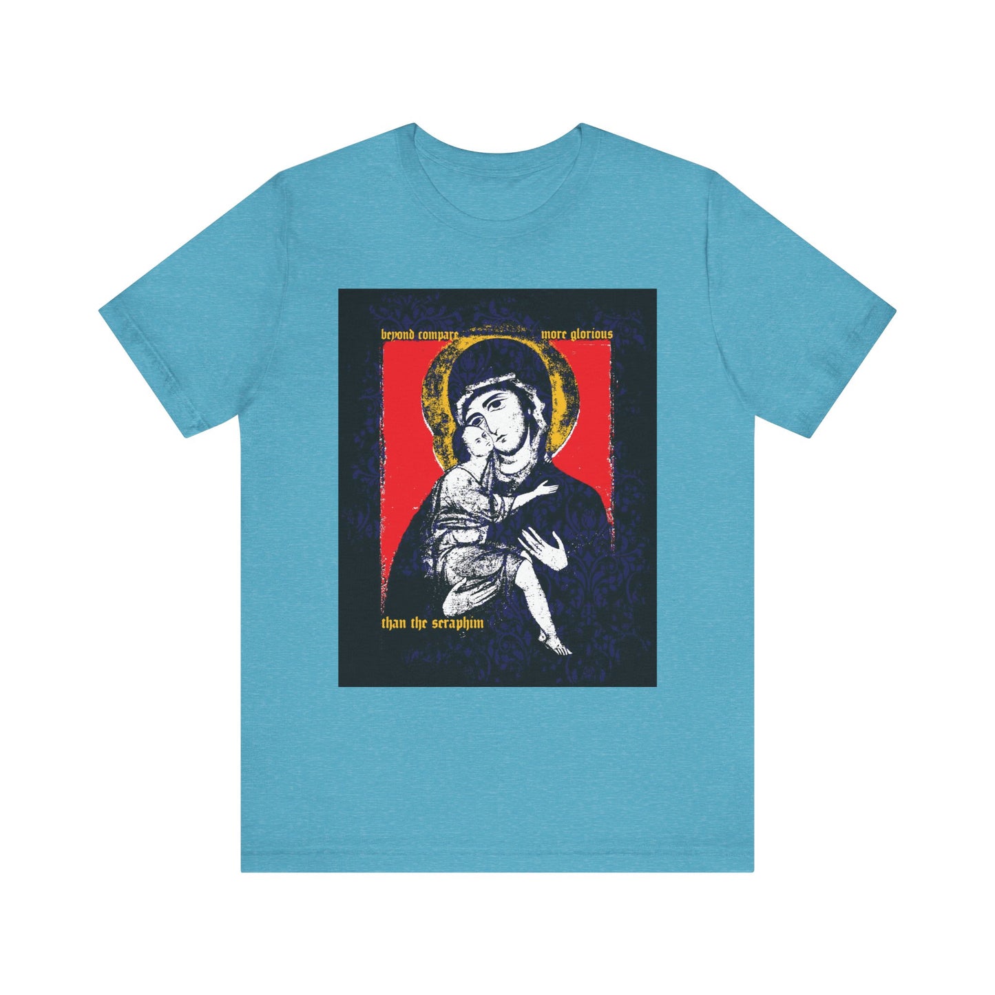 Heather Aqua t-shirt featuring the Vladimir Theotokos iconographic design with gold accents, floral texture, and Orthodox text. “Beyond Compare More Glorious Than the Seraphim.” Lightweight cotton construction.