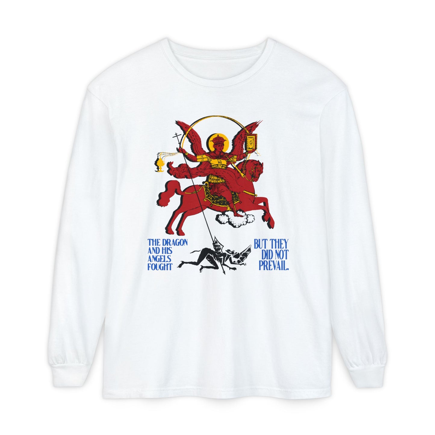 Apocalyptic St Michael Icono-Graphic (Rev 12:7-8) | Red Angel & Horse | Blue Lettering | Orthodox Christian Cotton Long Sleeve Shirt