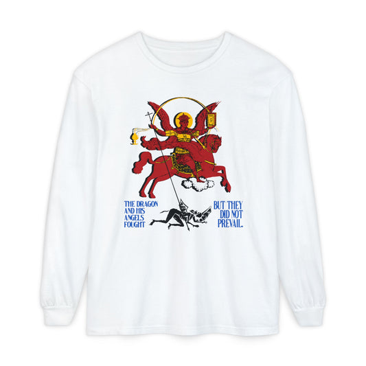 Apocalyptic St Michael Icono-Graphic (Rev 12:7-8) | Red Angel & Horse | Blue Lettering | Orthodox Christian Cotton Long Sleeve Shirt