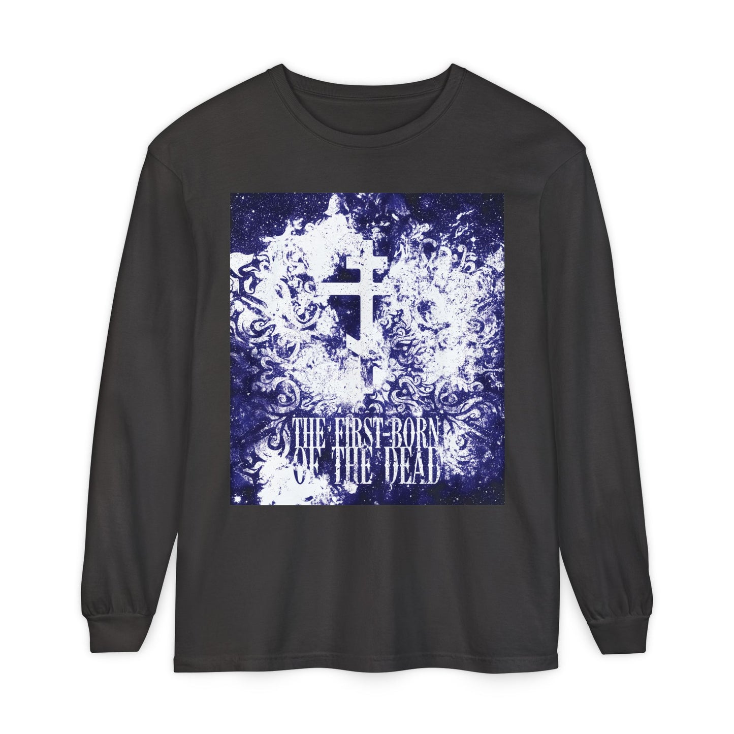 Graphite long-sleeve shirt featuring a glowing white and blue cosmic Orthodox cross with “The First-Born of the Dead” text—honoring Christ's resurrection. 100% cotton.