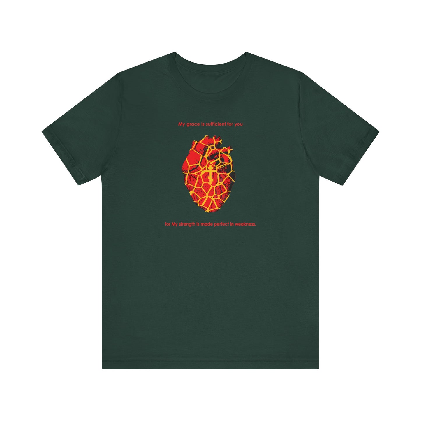 My Strength is Made Perfect in Weakness (2 Cor 12:9) | Kintsugi Style Golden Broken Heart | Orthodox Cross | Lightweight Cotton Unisex Tee