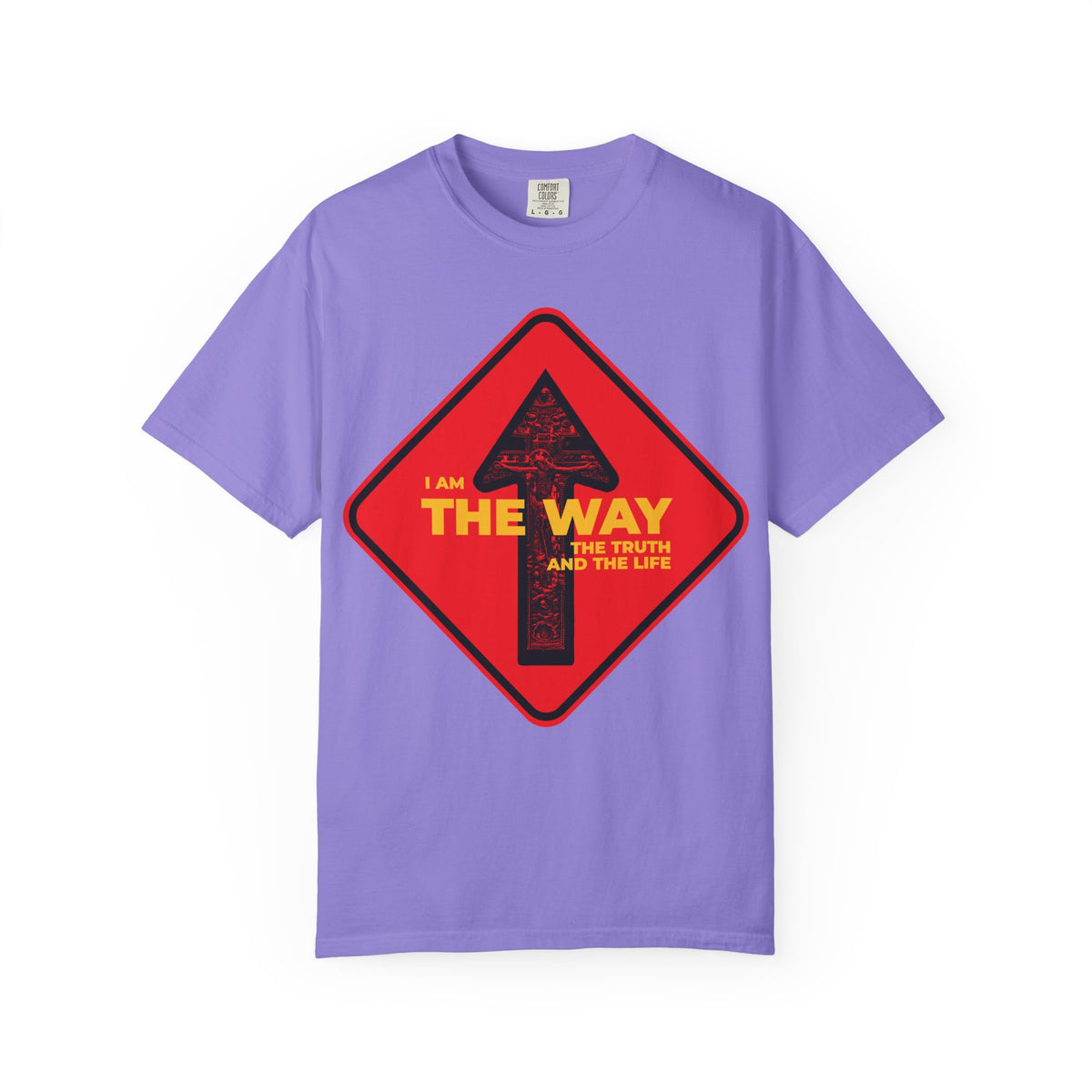 Violet “Am the Way, the Truth and the Life” Orthodox Christian Unisex Tee features a bold street sign one-way arrow crucifix design and yellow text inspired by John 14:6—an uplifting reminder that Jesus is the way, the truth, and the life.