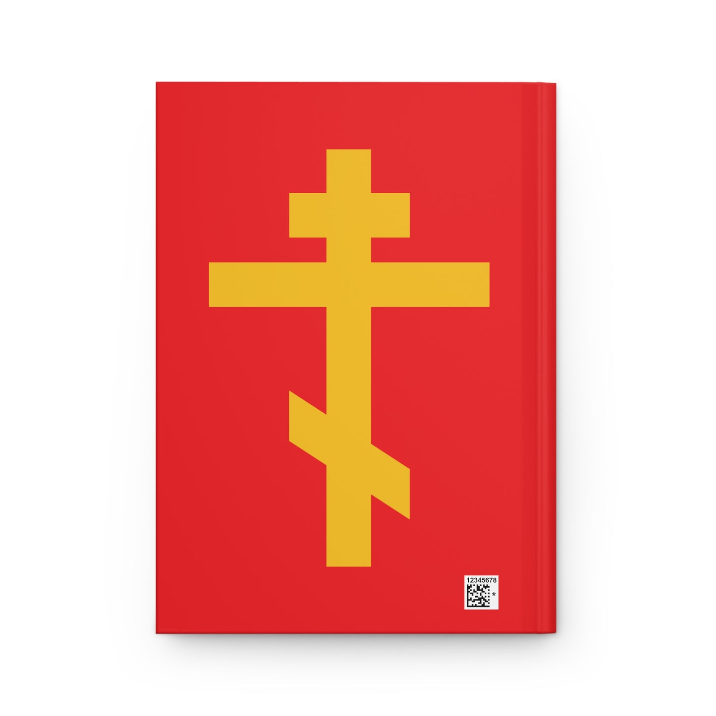 The “Yellow Orthodox Cross Red Background | Precious and Life-Giving Weapon of Unseen Warfare” Orthodox Hardcover Journal features a large yellow cross on red, Galatians 2:20 message, and a small QR code in the bottom right corner.